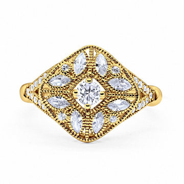 Art Deco Ring Marquise Filigree Yellow Tone, Simulated CZ 925 Sterling Silver